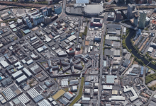 Bird's eye view of the Strangeways and Cambridge regeneration area, including HMP Manchester